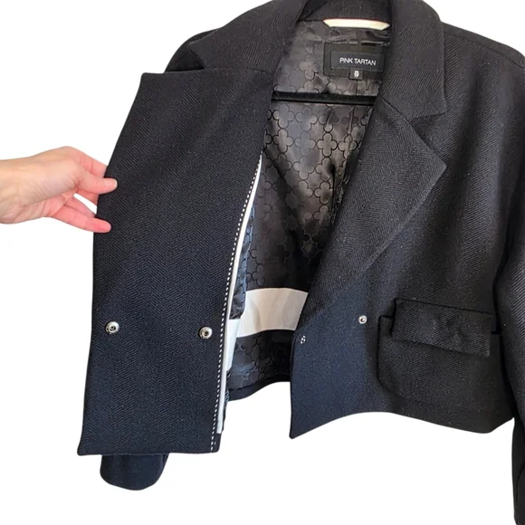 Pink Tartan Cropped Wool Jacket Black Embellished Blazer XS - Picture 5 of 13